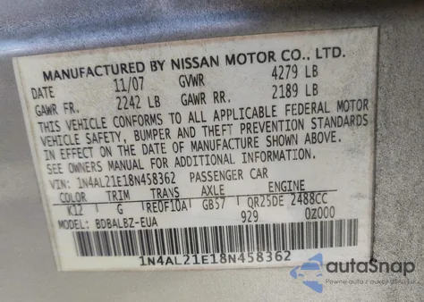 2008 Nissan Altima 2.5 S from USA, damaged, VIN 1N4AL21E18N458362
